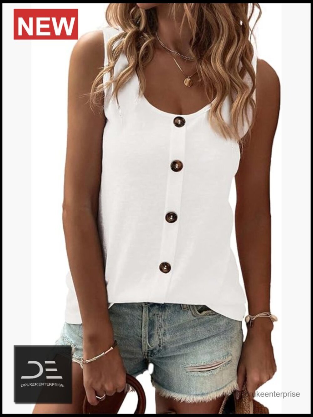 Sleeveless Button Crewneck Tank Top Summer Loose Fit Stretchy Knit